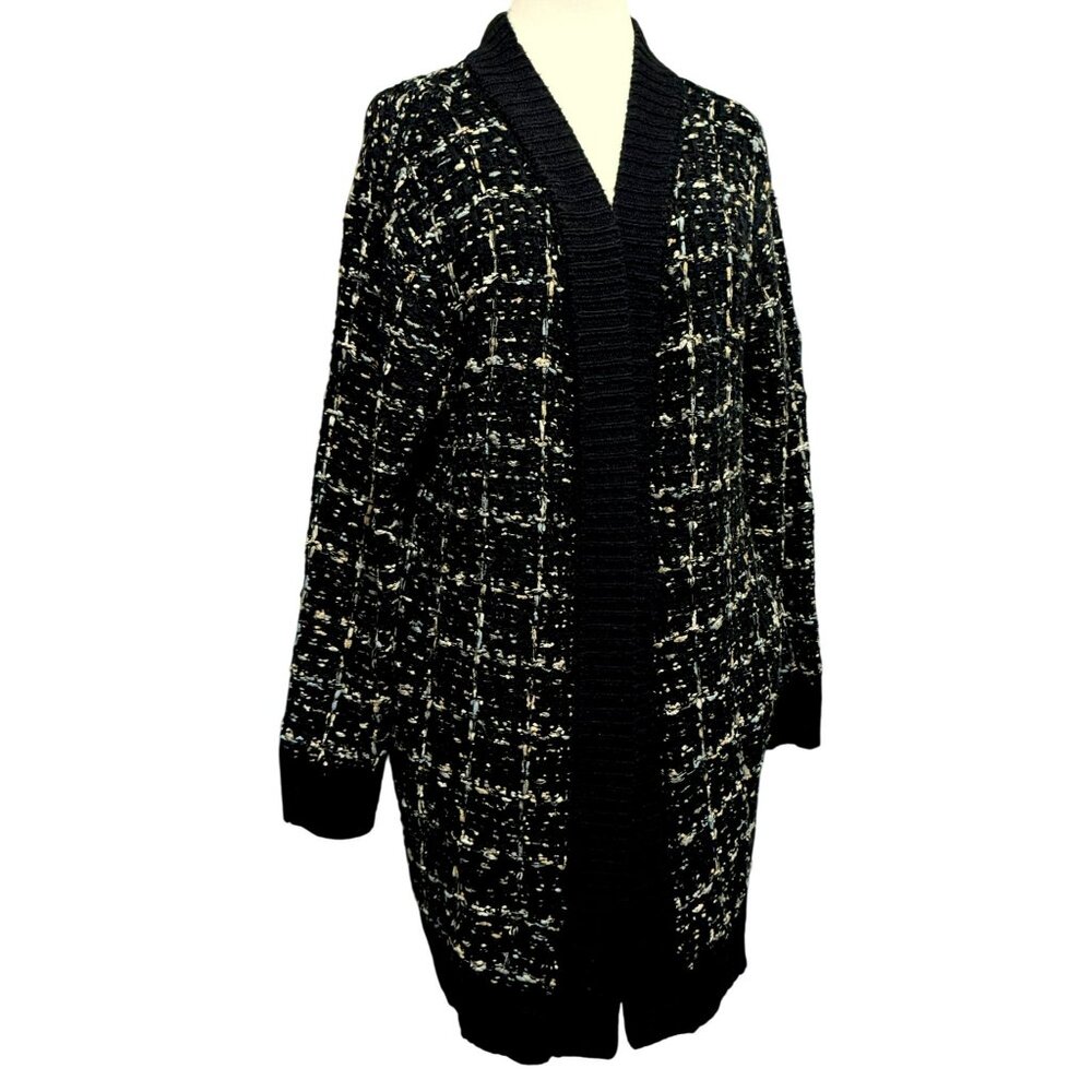 Blue Pepper Chunky Heavyweight Open Front Cardigan Sweater Sz L Black Tweed 3/4